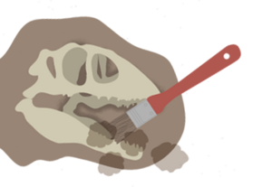 Illustration av dinosauriekranium och pensel på jordhög.