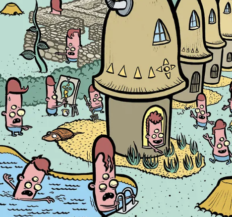 Illustration på konstiga gubbar och hyddor i landet Mundus. 