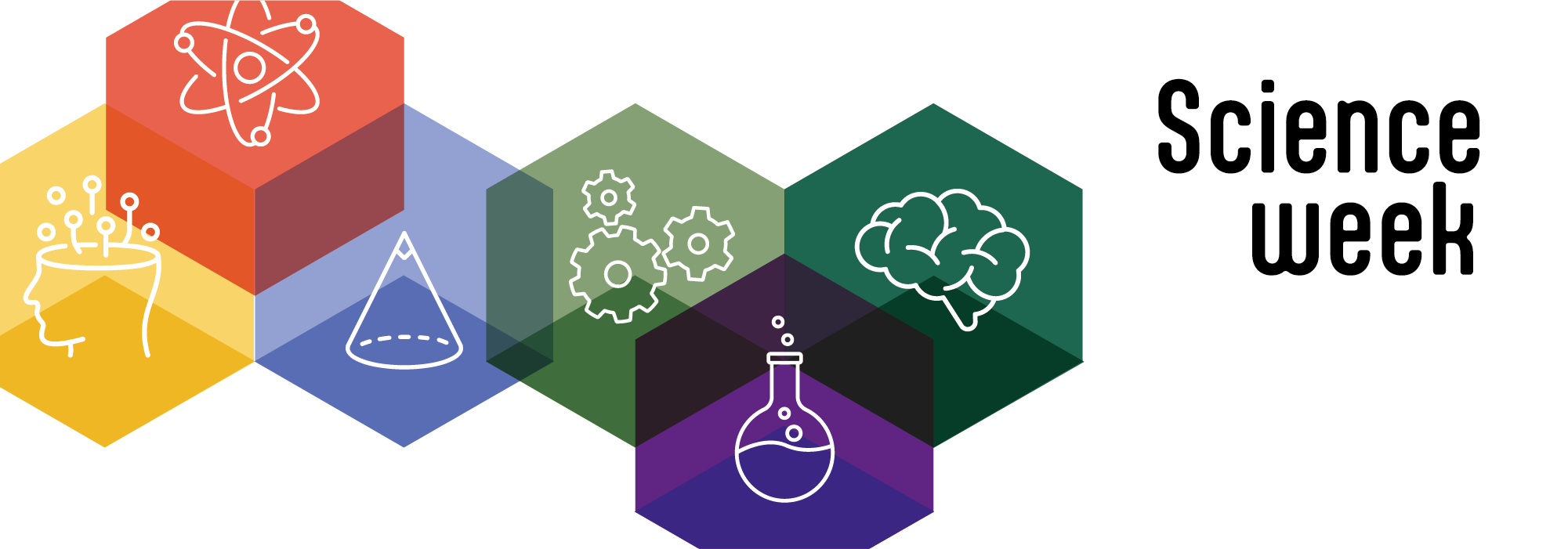 Logotyp för projektet Science week, 5 hexagoner i olika färger. Illustration. 