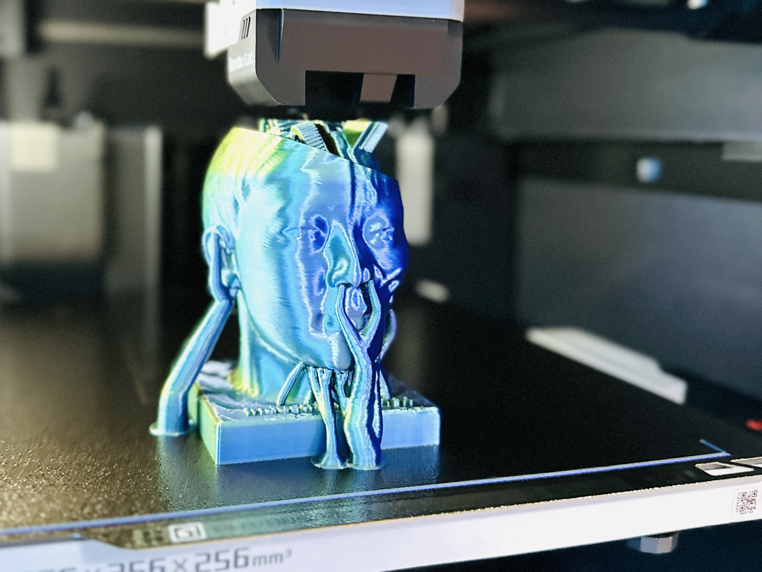 Ansikte i blå plast växer fram i en 3d-printer. Foto. 