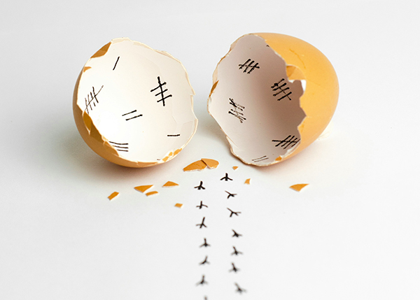 Illustration med äggskalsskärvor och ritade kycklingfotavtryck. 