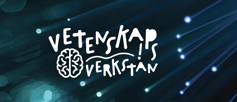 Logotypen för "Vetenskapsverkstan" mot en mörk bakgrund med stjärnstänk. Illustration. 